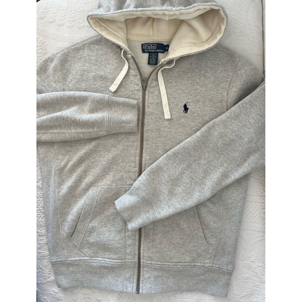 Polo Ralph Lauren Mens Full Zip Hoodie Jacket Thermal Waffle Heather Gray Med